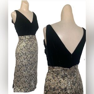 True Vintage 1950s Black and Gold Floral Velvet Brocade Dress